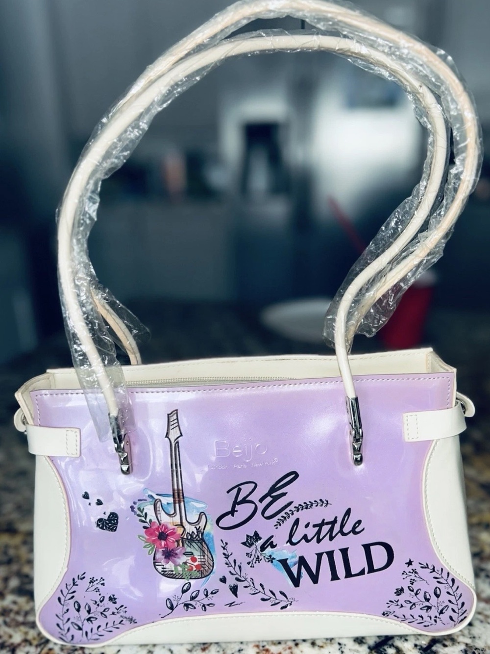 Vintage NWT Bejo Be A Little Wild Purple Floral Guitar Faux Leather Satchel Rare